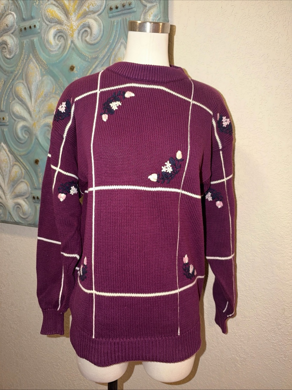 Izod club Windowpane Crew Sweater with Pink & Navy Floral Embroidery